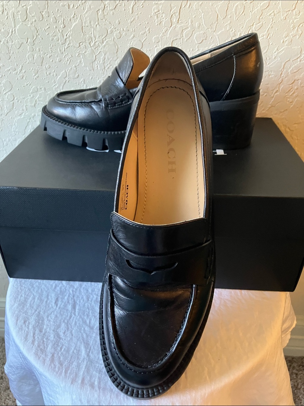Coach: Black Cora (C5908) Leather Lug Sole Penny Loafers- 7